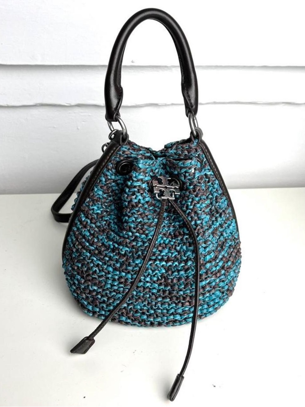 Tory Burch Blue & Brown Raffia Drawstring Bucket Shoulder Bag
